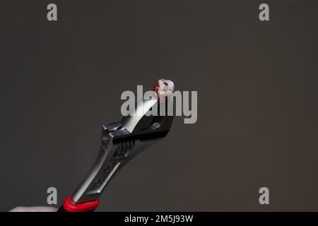 Zahnextraktion mit Zahnwerkzeugen bei Karies durch einen Stamatologen in einer Zahnarztpraxis. Eine Zange mit einem Weisheitszahn. Zahnärztliches Konzept Stockfoto