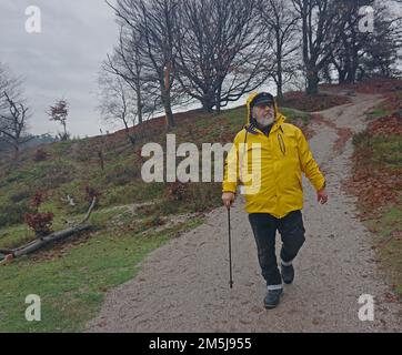Ein älterer Mann geht an einem Regentag im Moor bergab. Er trägt einen gelben Regenmantel über seiner Kleidung. Das Heidegebiet ist ein bekanntes in der Neth Stockfoto