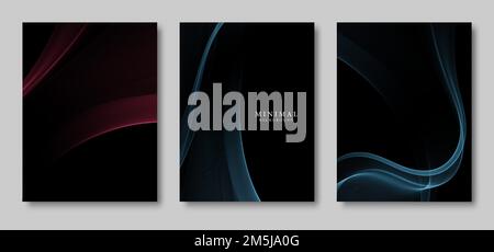 Glänzende farbige Wellen auf dunklem Hintergrund. Cover-Set mit abstraktem Hintergrund. Stock Vektor