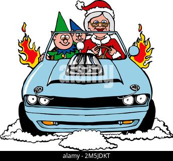 Cartoon, mrs. claus und Elf, die ein Muskelauto fahren Stock Vektor