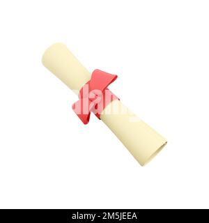 3D-Rendering-Diplom, geschlossenes Blatt mit rotem Band isoliert auf weißem Hintergrund. 3D Symbol „Graduate Degree“ (Graduierungsgrad rendern Stockfoto