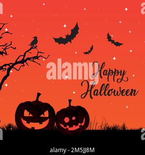 Ein rotes Banner mit Kürbissen, Mikroschlägern und Happy Halloween Text, cool für Party Einladungskarte Stock Vektor