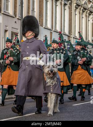 Irish Guards Piper und Irish Wolfhound „Seamus“, Windsor, Berkshire, Großbritannien Stockfoto