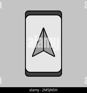 Smartphone mit durch Navigationsvektor isoliertem Graustufensymbol. Navigationszeichen. Diagrammsymbol für Reise- und Tourismus-Website und -Apps-Design, Logo, App, UI Stock Vektor