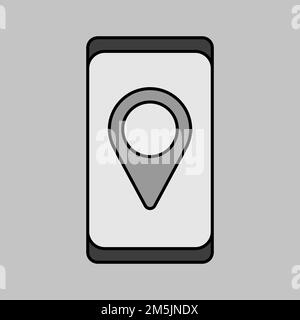 Smartphone mit isoliertem Graustufen-Symbolvektor im Stil der Nadelposition. Navigationszeichen. Diagrammsymbol für Website- und App-Design für Reise und Tourismus, Logo Stock Vektor