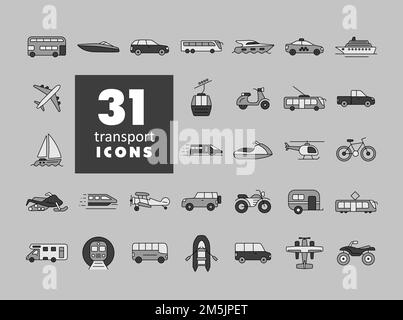 Symbolgruppe für Transportvektor in Graustufen. Diagrammsymbol für Reise- und Tourismus-Website und -Apps-Design, Logo, App, UI Stock Vektor