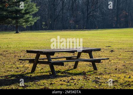 Alte Picknicktische in einem Park im Spätherbst mit sonnigen Schatten. Stockfoto