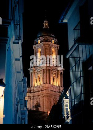 Eine vertikale Aufnahme der Inkarnation von Malaga bei Nacht in Spanien Stockfoto