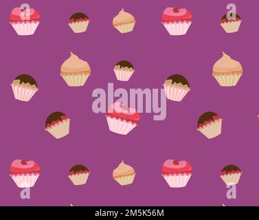 Sifferent Cupcakes, Kuchen, Süßigkeiten, violetter Hintergrund, Oberflächendesign für Textil, Stoff, Tapete, Verpackung, Geschenkverpackung, Papier, Sammelalbum und Verpackung Stock Vektor