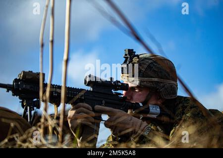EIN US-AMERIKANISCHER Marine bietet Sicherheit für Amphibienlandungen während der Exercise Cold Response „22, Sandstrand, Norwegen, 21. März 2022. Die Marine ist dem 3. Bataillon, dem 6. Marineregiment, der 2. Marine-Division zugewiesen. Übung Cold Response „22 ist eine alle zwei Jahre stattfindende norwegische nationale Bereitschafts- und Verteidigungsübung, die in ganz Norwegen stattfindet, an der sich alle seine Militärdienste, darunter 26 alliierte Nationen der Nordatlantikvertrags-Organisation und regionale Partner, beteiligen. Stockfoto
