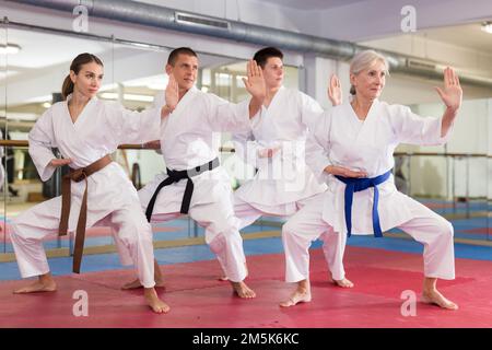 Leute in Kimonos üben Schläge während des Kampfsporttrainings Stockfoto