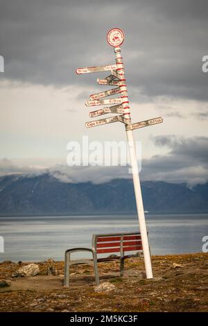 Parkbank und Entfernungsschild an einem Aussichtspunkt in Pond Inlet mit Blick auf den Eclipse Sound auf Baffin Island, Nunavut, Kanada. Stockfoto