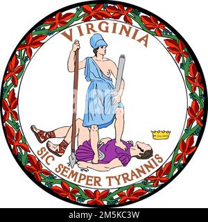 Draufsicht auf das große Siegel des US-Bundesstaates Virginia. Patriot und Reisekonzept der Vereinigten Staaten von Amerika. Plane Layout, Design Stockfoto