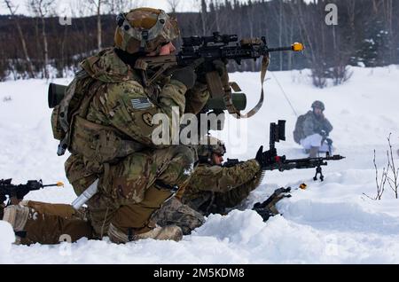 USA Armeesoldaten gehören dem 3. Bataillon, dem 21. Infanterie-Regiment, dem 1. Stryker-Brigade-Kampfteam, der 25. Infanterie-Division, USA Army Alaska, eröffnen Sie das Feuer während einer Feldübung, bei der sie mit feindlichen Kräften zusammenarbeiten, um das Joint Pacific Multinational Readiness Center 22-02 in der Nähe von Ft. Greely, AK, 22. März 2022. Teamübungen, die im JPMRC durchgeführt werden, validieren Taktiken, Techniken und Verfahren, die für Soldaten erforderlich sind, um in regionalen Gebieten zu operieren. Stockfoto