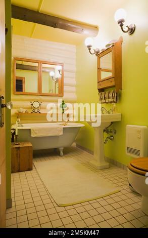 Graue und weiße rollstuhlgerechte Badewanne in lindgrün lackiertem Badezimmer im Landhausstil Blockhaus. Stockfoto