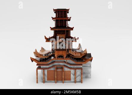 Antike asiatische Architektur Chinesisches Haus 3D Illustration Tempel auf weißem Hintergrund. Stockfoto