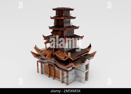 Antike asiatische Architektur Chinesisches Haus 3D Illustration Tempel auf weißem Hintergrund. Stockfoto