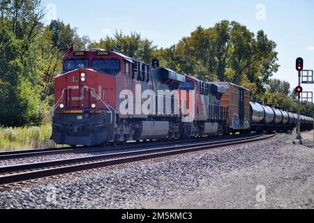 Hoffman Estates, Illinois, USA. Zwei Lokomotiven der Canadian National Railway führen einen Güterzug durch eine ländliche Gegend im Nordosten von Illinois. Stockfoto