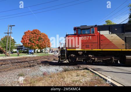 West Chicago, Illinois, USA. Eine Lokomotive der Canadian National Railway führt einen Güterzug über einen Diamanten und kreuzt die Union Pacific Railroad. Stockfoto