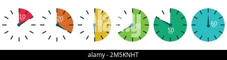 Timer und Uhrensymbol eingestellt. Flaches Uhrensymbol. Stoppuhr, Zeitschaltuhr, Sanduhr, Sanduhr, Uhr. Symbol „Schnelle Zeit“. Stock Vektor
