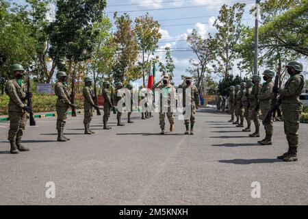 USA Army Maj. General Joseph A. Ryan (links), der kommandierende General der 25. Infanteriedivision, salutiert neben Major General Andrew D. Costello, Befehlshaber der 7. Infanteriedivision, während eines offiziellen Willkommens in Salaknib auf den Philippinen auf Fort Magsaysay, Nueve Ecija, Philippinen. Salaknib wird jährlich von der philippinischen Armee geführt Von der Army Pacific gesponserte bilaterale Übung, die darauf abzielte, die Kapazitäten und die Interoperabilität der US-amerikanischen und der philippinischen Armee im gesamten Spektrum militärischer Operationen zu verbessern und gleichzeitig die Verbindungen zwischen den beiden langjährigen Partnerländern zu stärken. Stockfoto