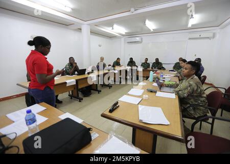 Mitarbeiter der Guyana Defense Force (GDF) und Soldaten der Florida Army National Guard mit der 107. Mobile Public Affairs Detachment (MPAD) nehmen am 23. März 2022 in Georgetown, Guyana, an einem Workshop zum Wissensaustausch Teil. Die Mitglieder des Dienstes arbeiteten mit ihren Partnern in den Partnerländern an bewährten Verfahren in Bezug auf öffentliche Angelegenheiten und kommunale Beziehungen zusammen. Veranstaltungen wie diese bieten den Nationen eine Plattform, um positive Beziehungen aufzubauen und sich auf künftige Projekte vorzubereiten. Stockfoto