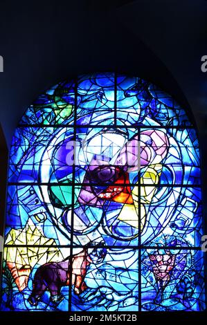 Chagall-Fenster aus Buntglas in der Abbell-Synagoge im Hadassah-Krankenhaus in Jerusalem. Stockfoto