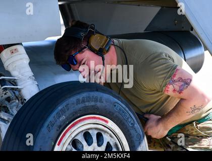 Senior Airman Ryan Munson, 555. Aircraft Maintenance Unit F-16 Fighting Falcon Crew Chief, führt vor dem Flug Inspektionen am Aviano Air Base, Italien, 23. März 2022 durch. Die Operationen der UAM 555. unterstützen die Entschlossenheit und den Zusammenhalt der NATO bei der Verstärkung der Luftpolizei. Die Teamleiter warten, prüfen, betanken, wechseln die Reifen und führen schwere Wartungsarbeiten am F-16s durch. Stockfoto