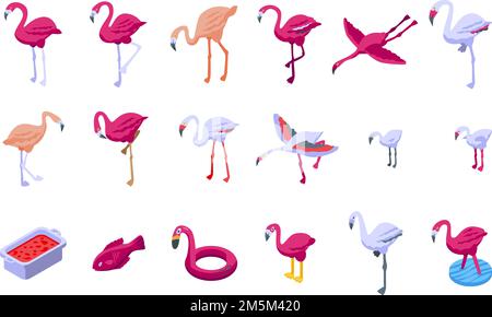 Flamingo-Symbole gesetzt. Isometrischer Satz von Flamingo-Vektor-Symbolen für Webdesign isoliert auf weißem Hintergrund Stock Vektor
