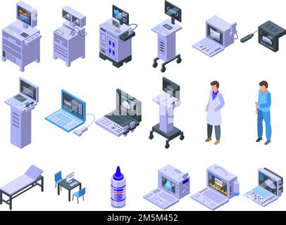 Sonographiesymbole setzen den isometrischen Vektor. Klinikanalyse. Diagnose von Computergeräten Stock Vektor