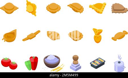 Ravioli-Symbole setzen isometrischen Vektor. Mehlspeisen. Kochen Sie Ihre Küche Stock Vektor
