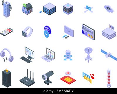 Symbole des Internetanbieters legen den isometrischen Vektor fest. Host-Service. Datenserver Stock Vektor