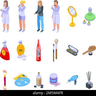 Die Symbole für die Morgenbestrahlungen legen den isometrischen Vektor fest. Gründliche Rasur. Gesichtshaut Stock Vektor