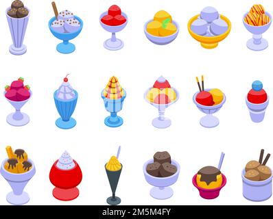 Symbole der Eisschüssel setzen einen isometrischen Vektor. Eis. Conce-Becher Stock Vektor