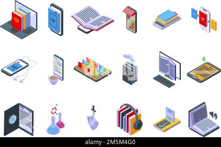 Online-Buchhandlung Symbole setzen isometrischen Vektor. Öffnen Sie das Buch. Magazin-Bibliothek Stock Vektor