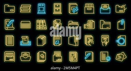 Speicherung von Dokumenten Symbole gesetzt. Skizzieren Sie den Satz der Speicherung von Dokumenten Vektor-Symbole Neonfarbe auf schwarz Stock Vektor