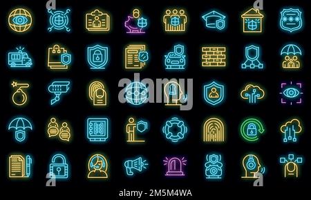 Symbole für den Sicherheitsdienst eingestellt. Skizzieren Sie einen Satz von Vektorsymbolen für Sicherheitsdienste in Neonfarbe auf Schwarz Stock Vektor