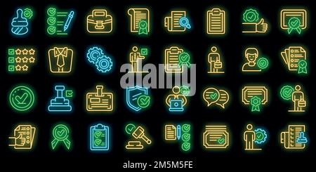 Symbole für die Qualitätssicherung eingestellt. Umreißt die Vektorsymbole für die Qualitätssicherung in Neonfarbe auf Schwarz Stock Vektor