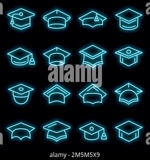 Set mit Symbolen für Abschlussmütze. Umriss Satz von Graduierung Hut Vektor-Symbole Neonfarbe auf schwarz Stock Vektor
