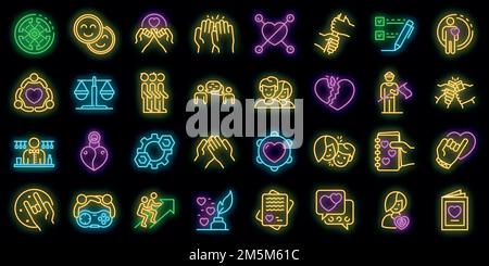 Symbole für Vertrauensstellung festgelegt. Umreißt eine Reihe von Trust Vector Icons in Neonfarbe auf Schwarz Stock Vektor