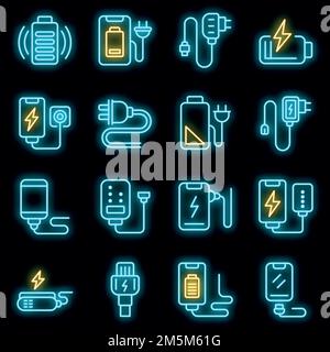 Ladegeräte-Symbole eingestellt. Umreißen Sie die Vektorsymbole des Ladegeräts in Neonfarbe auf Schwarz Stock Vektor
