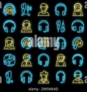 Headset-Symbole eingestellt. Umreißen Sie eine Reihe von Headset-Vektorsymbolen in Neonfarbe auf Schwarz Stock Vektor