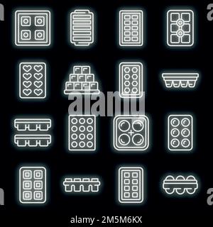 Symbole für Eiswürfelbehälter festgelegt. Skizzieren Sie Set von Eiswürfelschalen Vektor-Symbole Neonfarbe auf schwarz Stock Vektor