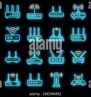 Modemsymbole eingestellt. Umreißt einen Satz von Modem-Vektorsymbolen in Neonfarbe auf Schwarz Stock Vektor