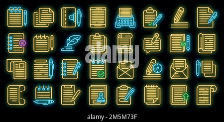 Schreibsymbole eingestellt. Umreißen Satz von Schreiben Vektor-Symbole Neonfarbe auf schwarz Stock Vektor
