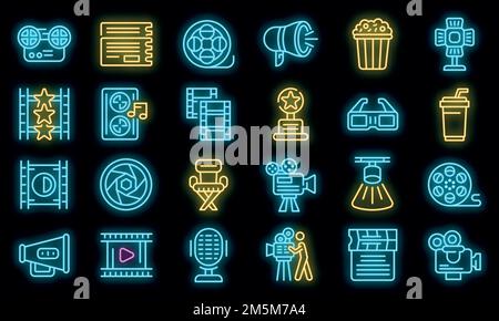 Symbole für Kameramänner eingestellt. Skizzieren Sie eine Reihe von Vektorsymbolen für Kameramänner, die in Neonfarben auf Schwarz dargestellt sind Stock Vektor