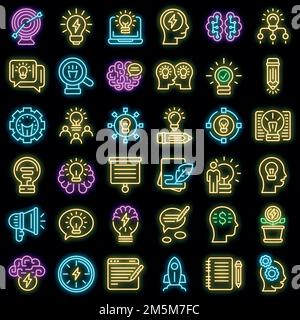 Ideensymbole gesetzt. Skizzieren Sie Set von Idee Vektor-Symbole Neonfarbe auf schwarz Stock Vektor
