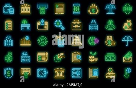 Banksymbole eingestellt. Umreißt einen Satz von Bankvektorsymbolen in Neonfarbe auf Schwarz Stock Vektor
