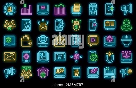 Symbole für Online-Marketing eingestellt. Umreißen Satz von Online-Marketing-Vektor-Symbole Neonfarbe auf schwarz Stock Vektor