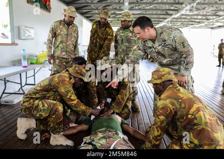 USA Soldaten der 130. Ingenieurbrigade trainieren die Verteidigungskräfte von Papua-Neuguinea in Wewak, Papua-Neuguinea, während des Tamiok-Streiks 22, März 25. Die PNGDF trainierte für taktische Kampfnotfallversorgung und Reaktion auf Kontakt. Tamiok Strike bekräftigt die Verpflichtungen der USA gegenüber unseren Verbündeten im Oceania-Vertrag und anderen regionalen Partnern, indem es Schulungen für eine ständig zunehmende Komplexität im 21. Jahrhundert durchführt, die Bereitschaft zur Zusammenarbeit stärkt und die Interoperabilität für den gemeinsamen Kampf und den gemeinsamen Erfolg stärkt. Stockfoto